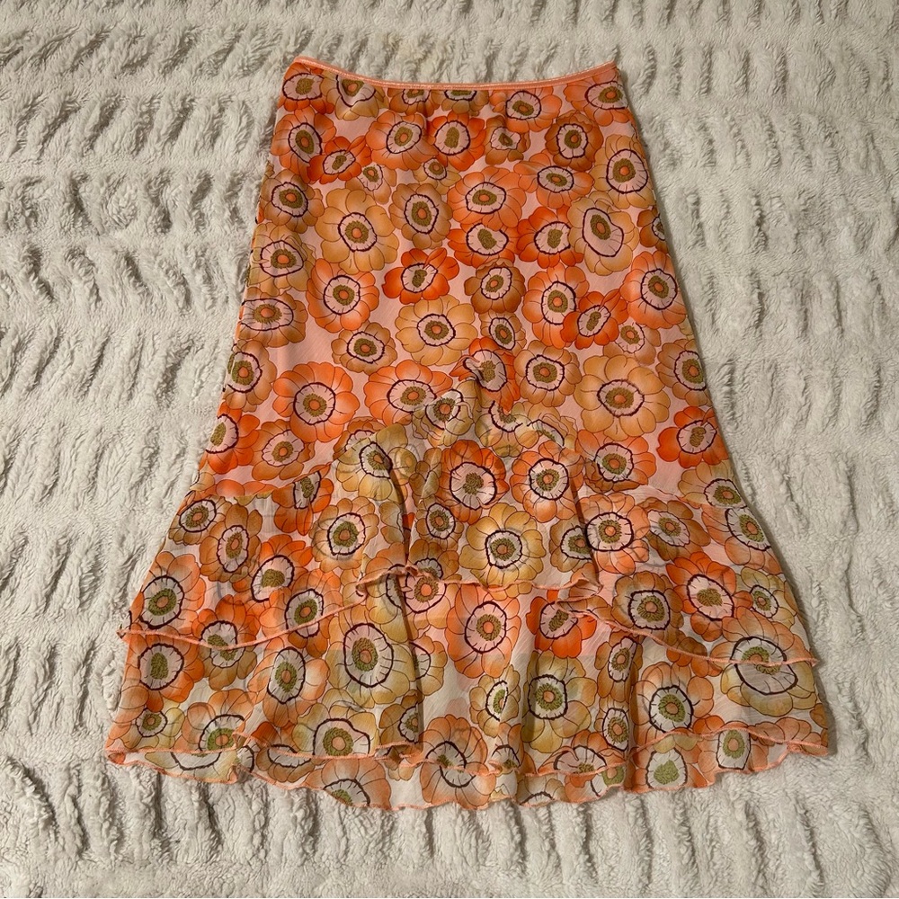 Y2k orange floral skirt with ruffles by Wrapper